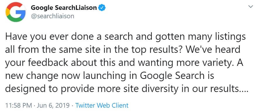 تغريدة جوجل عن تحديد نتائج الموقع الواحد